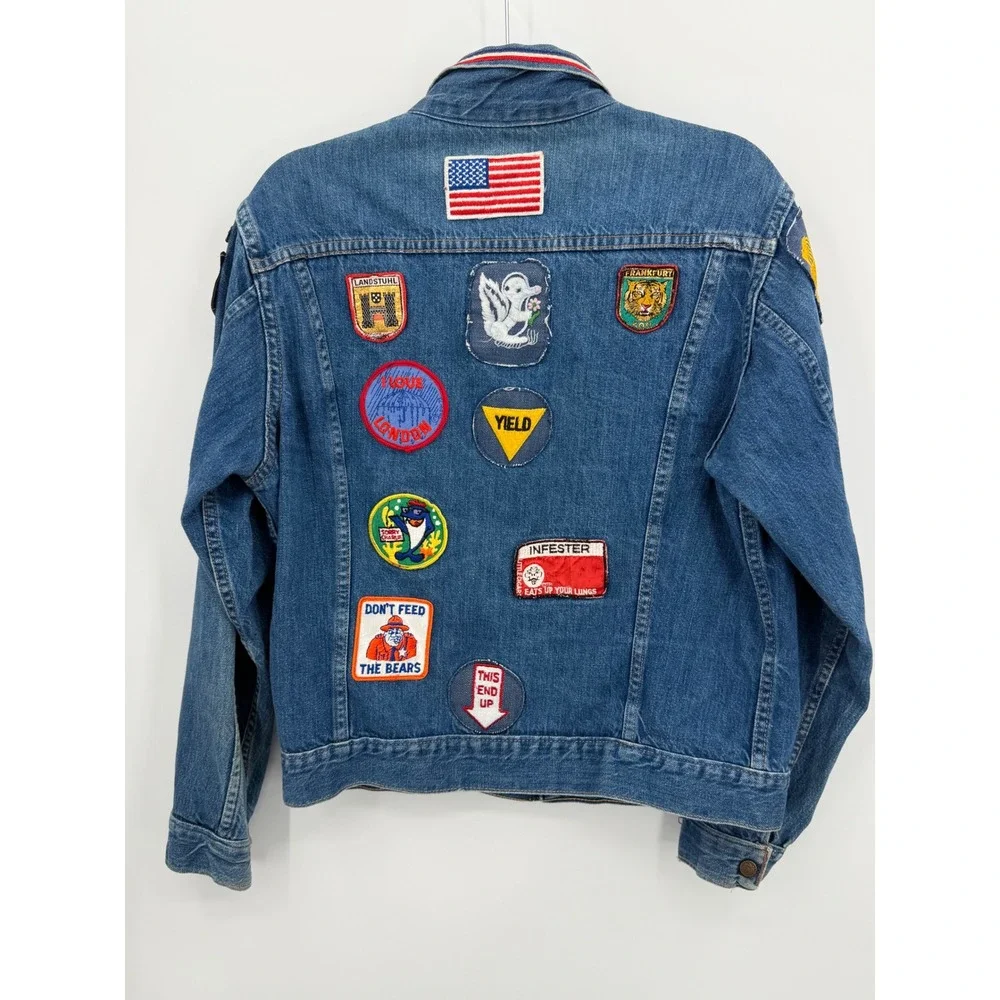 Vintage Denim Trucker Jacket Custom Mens Medium Patchwork One of a Kind - Picture 5 of 11